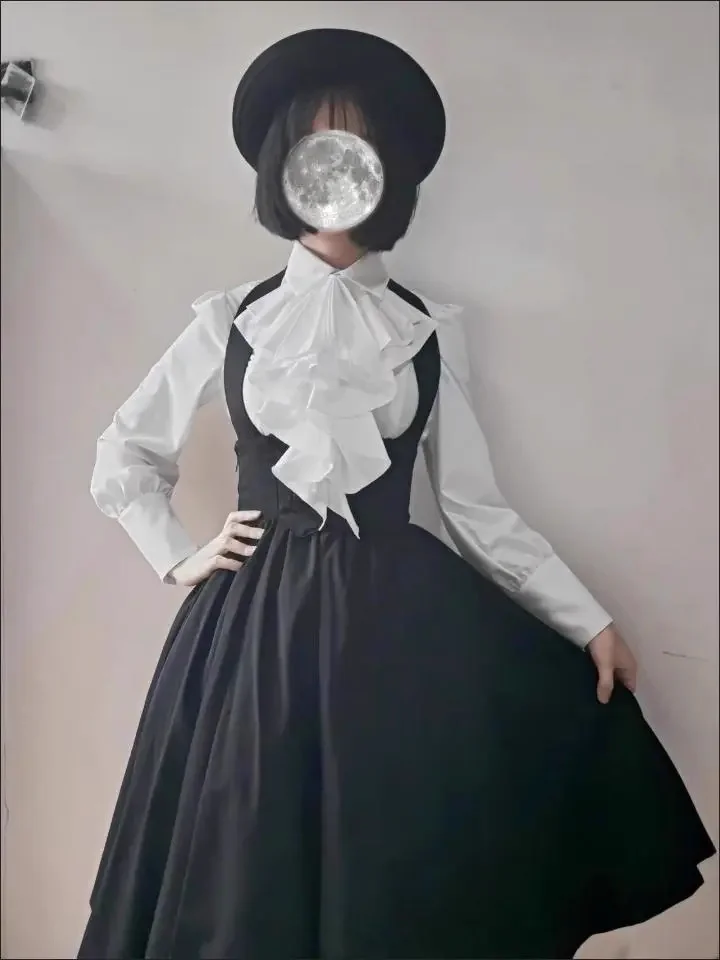 MAGOGO Japanese Lolita Gothic Style Latern Long Sleeved Shirt + New Slim High Waist Black Suspenders Skirt Sweet Two Piece Sets