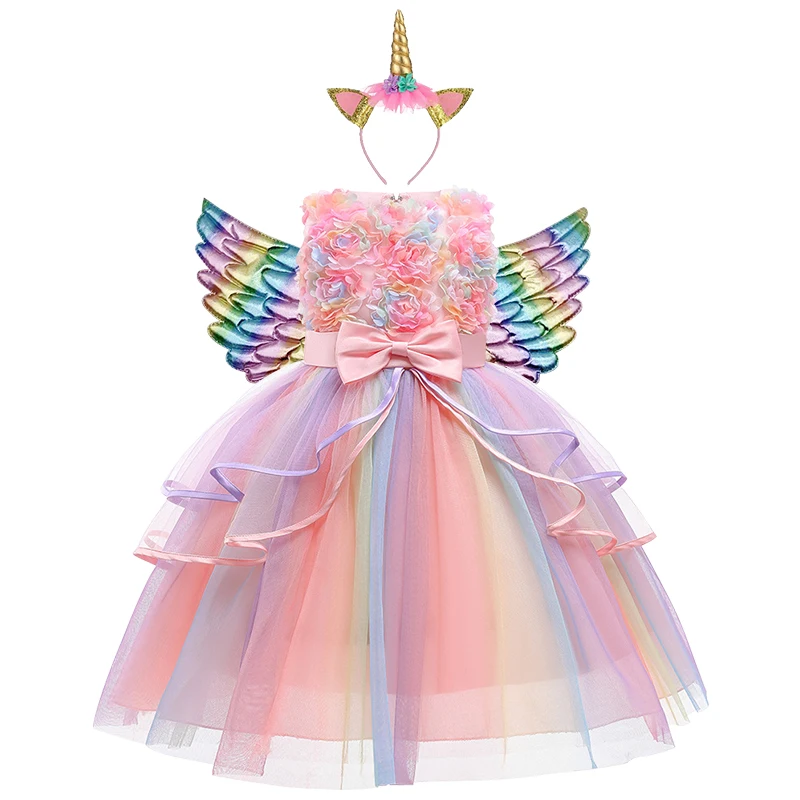 

Baby Girl Flower Dress Infant Wedding Bridesmaid Birthday Party Elegant Tutu Tulle Princess Dresses With Rainbow Wing For 1-10 Y