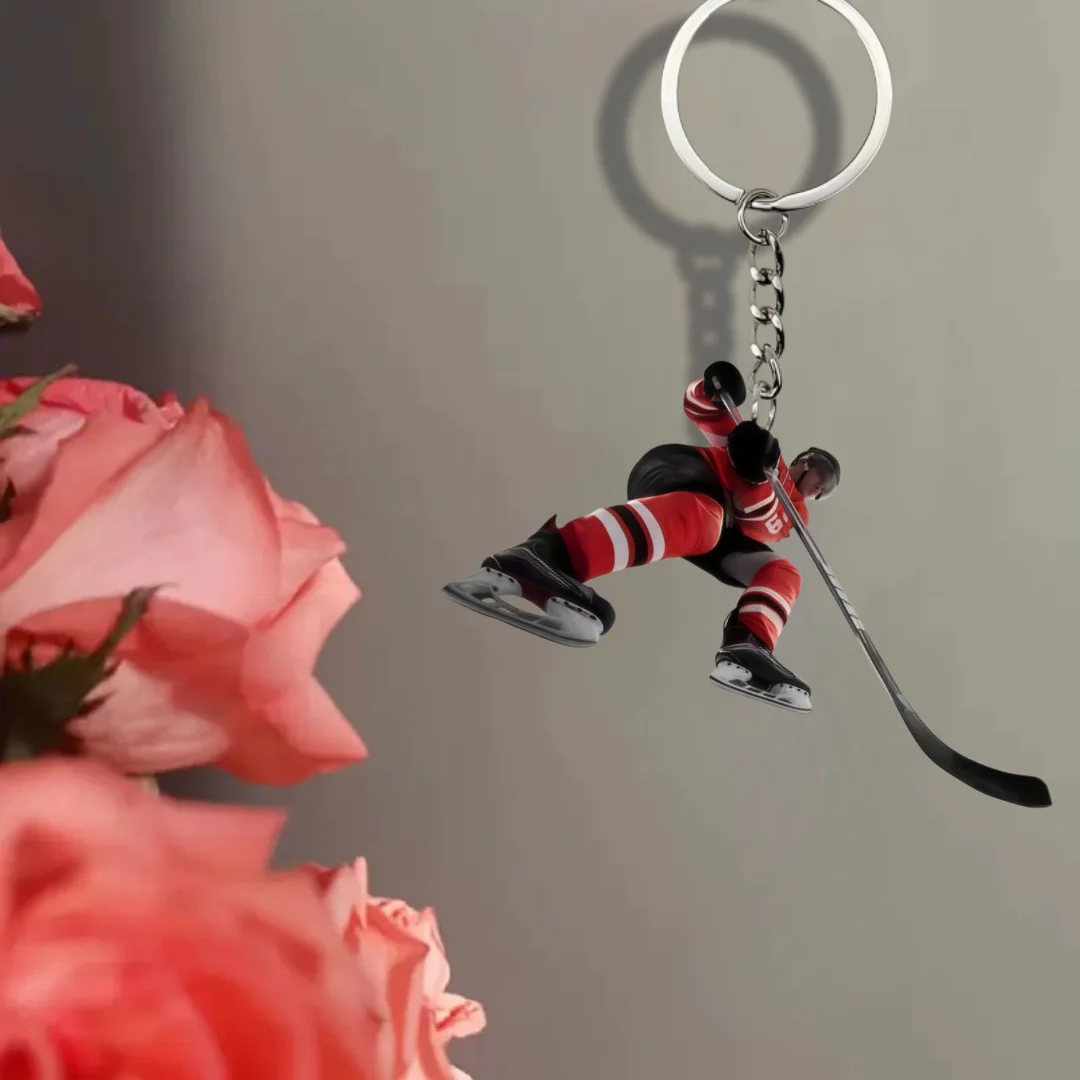 2D Ice Hockey Player Keychain Hockey Themed Pendant Flat Acrylic Ornament Charms Hanging Decoration for Bags Festive Party Gift