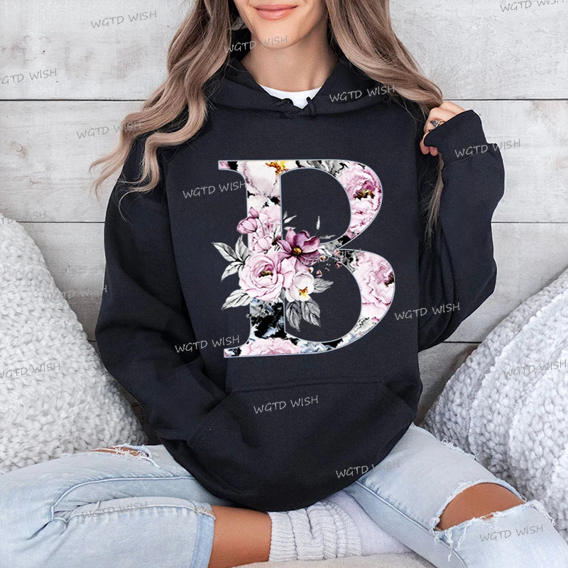 Aesthetic Vintage Rose Letter Women's Hoodies Fashion Alphabet Long Sleeve Hooded Harajuku Casual Hoody Female Floral Sweatshirt