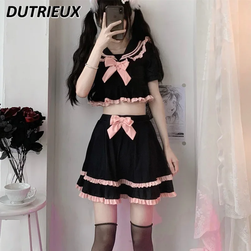 

New Sailor Collar Short Sleeve Top and Skirt Split Swimsuit Suit Women Summer Conservative Preppy Style Black Pink Girl Swimwear