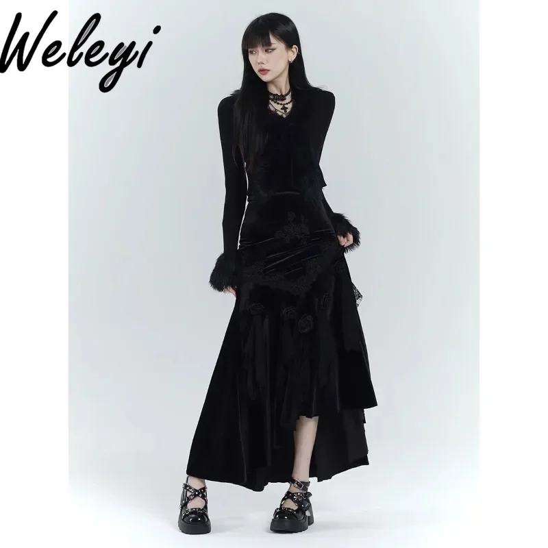 Halloween Costume Black Long Velvet Fishtail Skirt Women Gothic 2024 Fall New Cool Girl Vintage High Waisted Pure Color Skirts