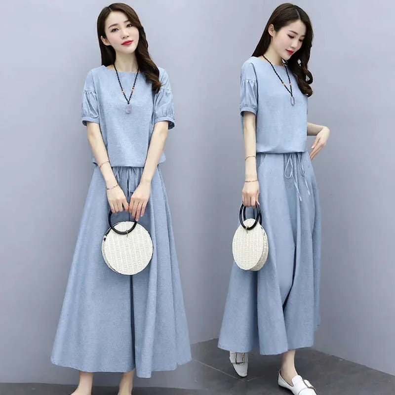 Cotton Linen Skirt Two-Piece Women\'s Summer 2024 New Set Slim Skirts Sleeve Suit Skirts Fashion 2PCS Temperament Female Outfit