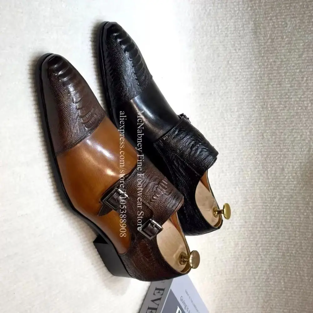 Patchwork Ostrich Double Buckle Monk Strap Men Dress Shoes Pointed Toe Classic Formal Shoes Business Wedding Shoes for Men