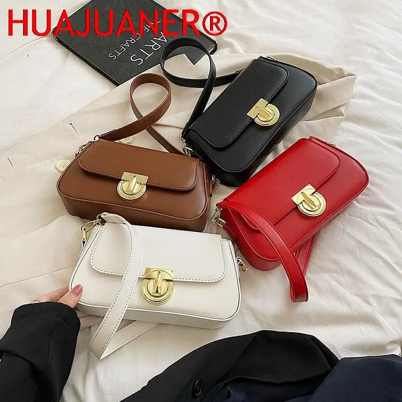 Vintage PU Leather Shoulder Bags for Women 2023 Fashion The Latest Lock Handbags Small Simple Travel Crossbody Bag underarm bag