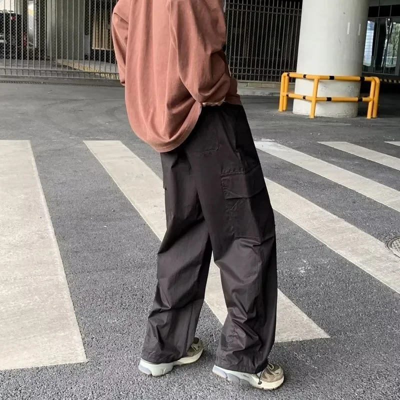 

Cargo Pants Men Mid Waist Drawstring Hip Hop Japanese Style Streetwear Slouchy Pure Color Preppy Trouser Baggy Youthful Vitality