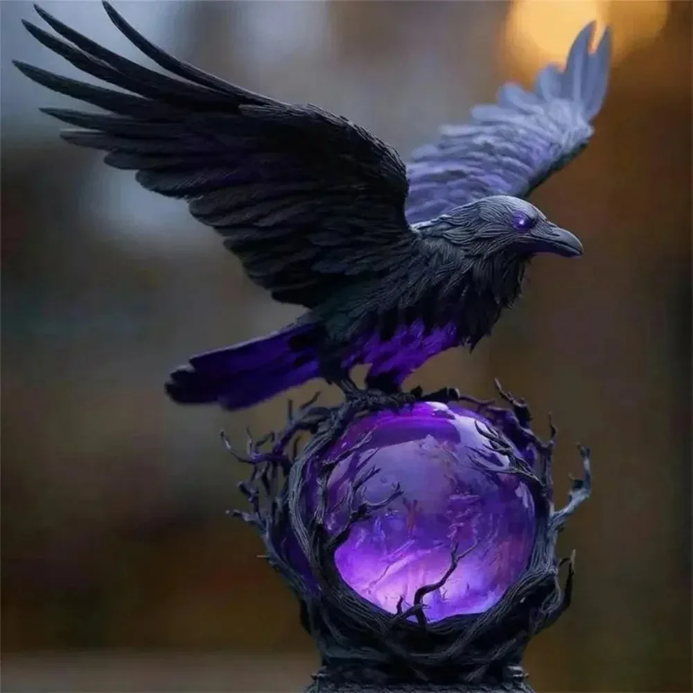 Gothic Raven Resin Led Lamp, Purple Glow Sphere Mysterious Desk Night Light, Unique Dark Art Ornament For Halloween Home Decor