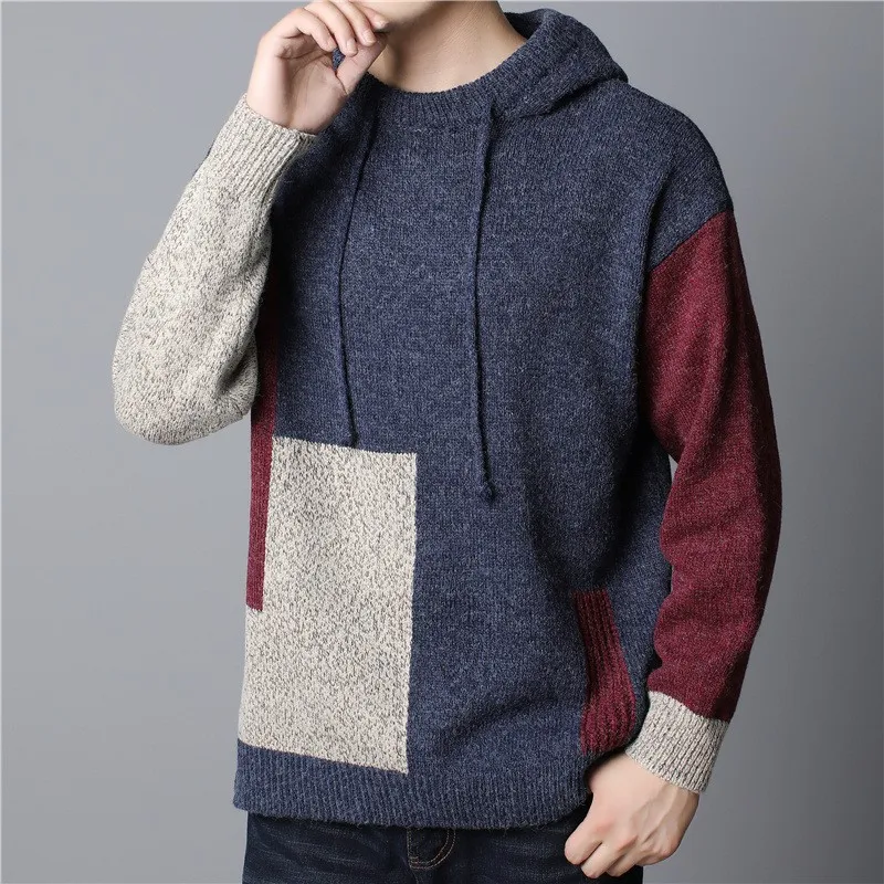 M-5xl Mens Sweaters Winter Male Pullovers Clothing Hooded Long Sleeve Patchwork Thicken Warm Comfortable Man Top Clothes H50