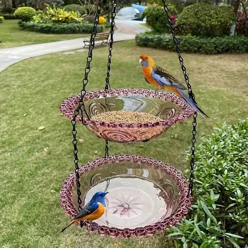 Tempat makan burung gantung, tempat minum burung gantung luar ruangan lapisan tunggal/ganda taman halaman gantung bak mandi burung alat #