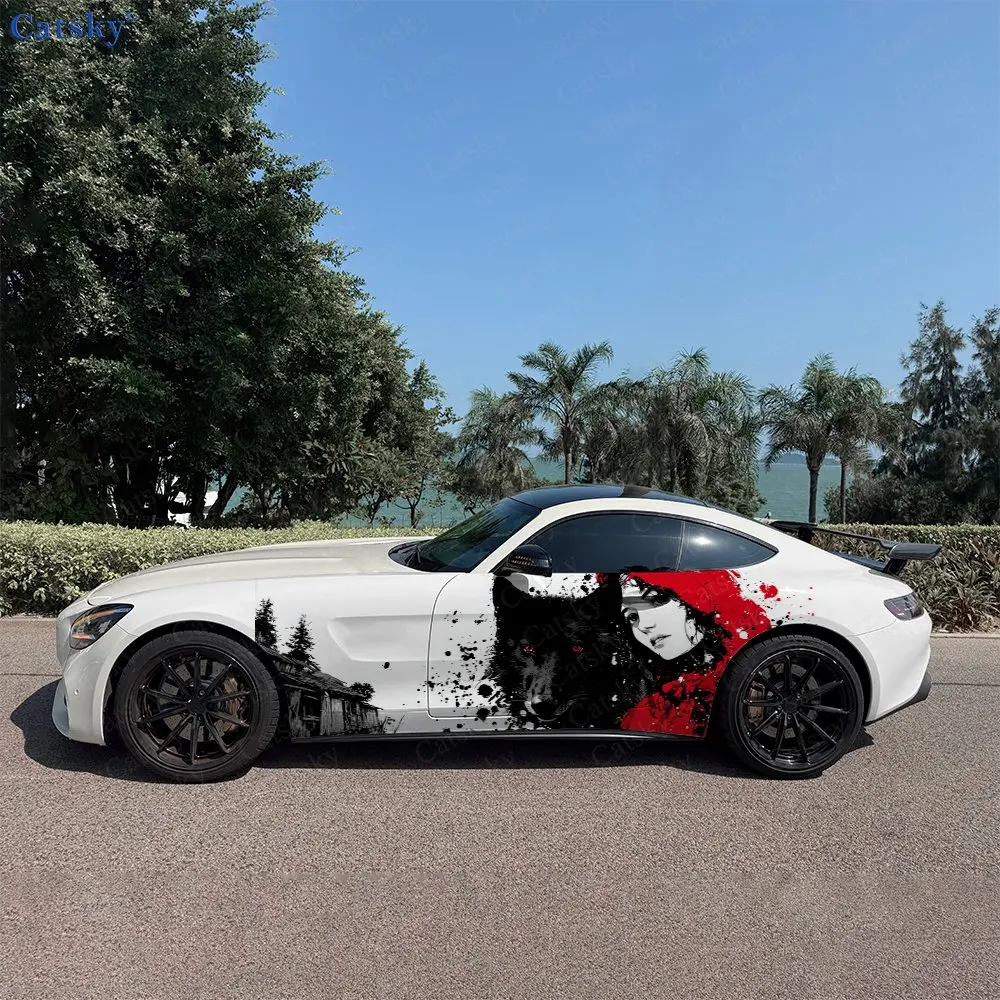 2pcs Red Cape Figure and Wolf Car Side Wraps, Self-Adhesive PVC Waterproof & Scratch-Resistant Stickers, Car Accessory Gift
