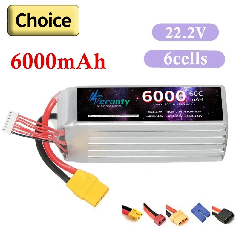 

TERANTY 6S Lithium Polymer Battery 22.2V 6000mAh Lipo Battery 60C RC Car Drone Racing Hobby Rechargeable Quadrotor Accessories