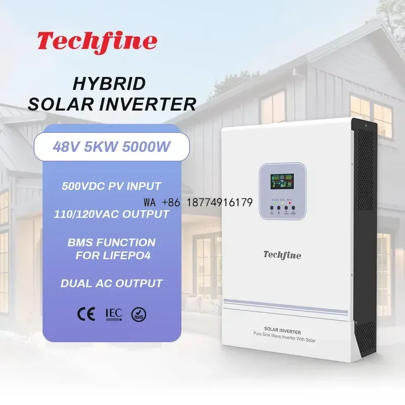 wmwmnu 5000W 5KW 48V 110/120VAC High Efficiency High Frequency Pure Sine Wave MPPT 100A Dual AC Output Hybrid Solar Inverter