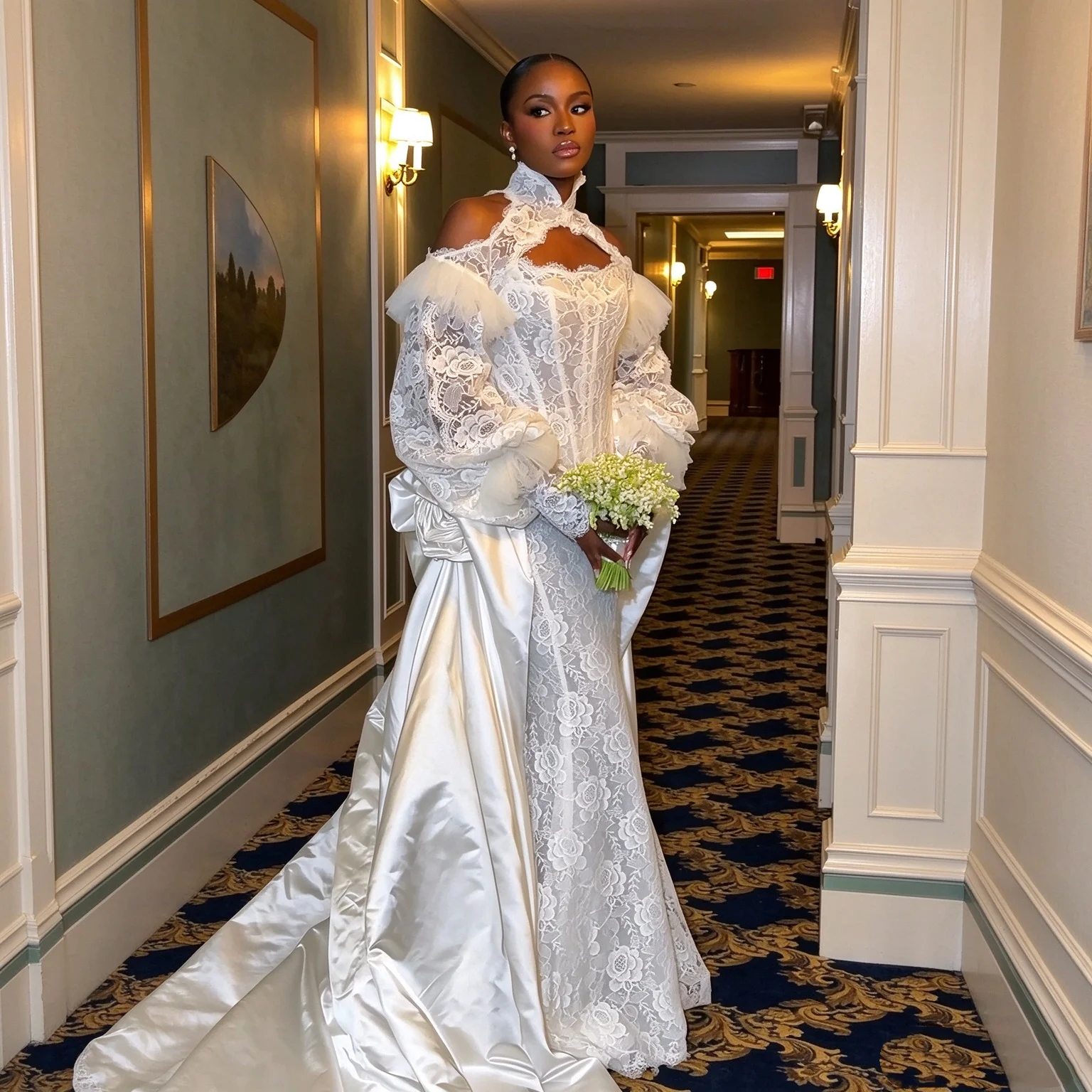 Mermaid Wedding Dress High Neck Off Shoulder Long Sleeves Lace Detachable Train Bridal Gowns Luxury Vestidos De Novia Customized