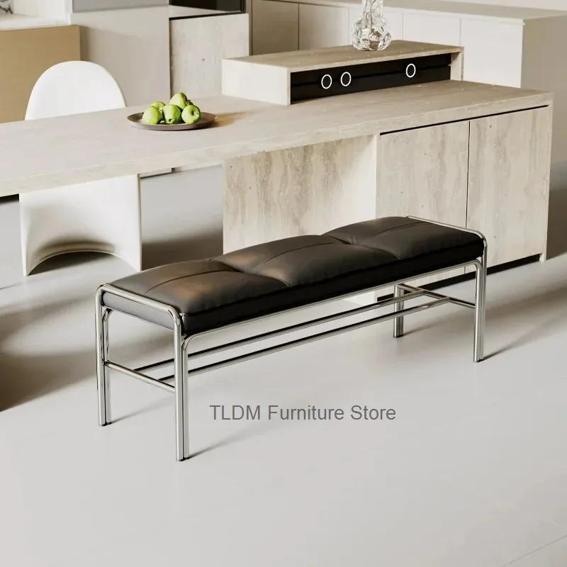 Polished Metal Frame Padded PU Long Bench Stitched Cushion Foot Stool For Dining Bedroom Entryway Home Furniture Decor