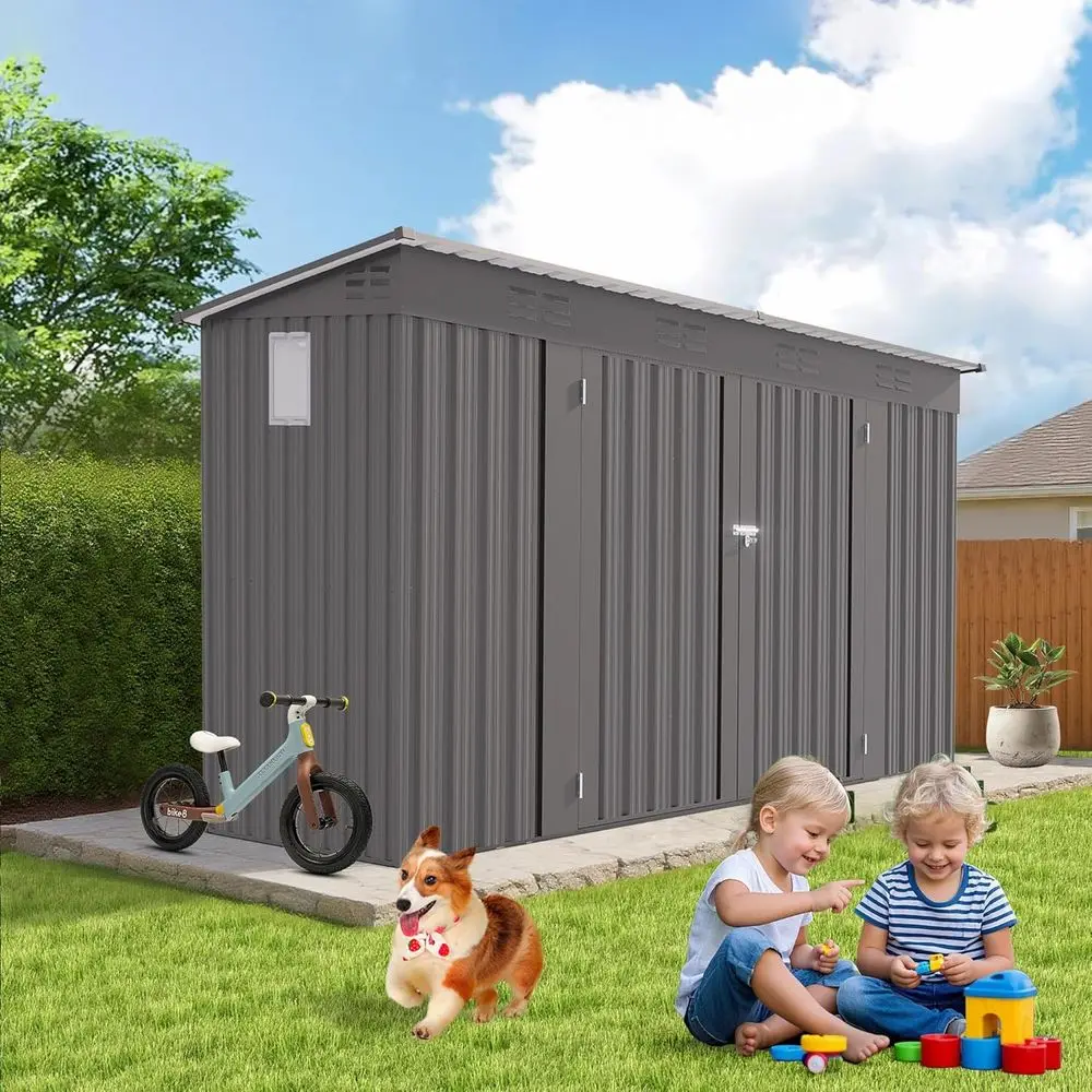 

4x9ft Outdoor Metal Storage Shed with Lockable Double Doors, Window, and 6 Vents for Garden Tools (Grey)