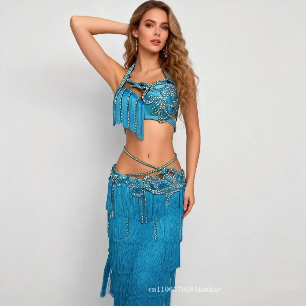 

Belly Dancer Costume 2pcs Women High-quality AB Crystal Stones Bra Sexy Tassel Long Skirt Customized Oriental Dance Stage Wear