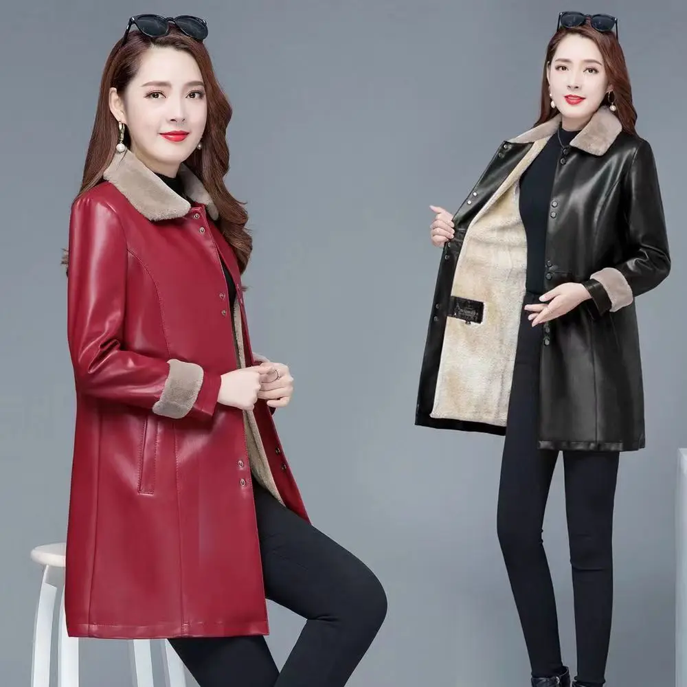 New Women's Faux Leather Coat With Fur Collar Mid Length Long Sleeve Stylish Slim Fit Comfortable Trendy Versatile Commuter Coat 2
