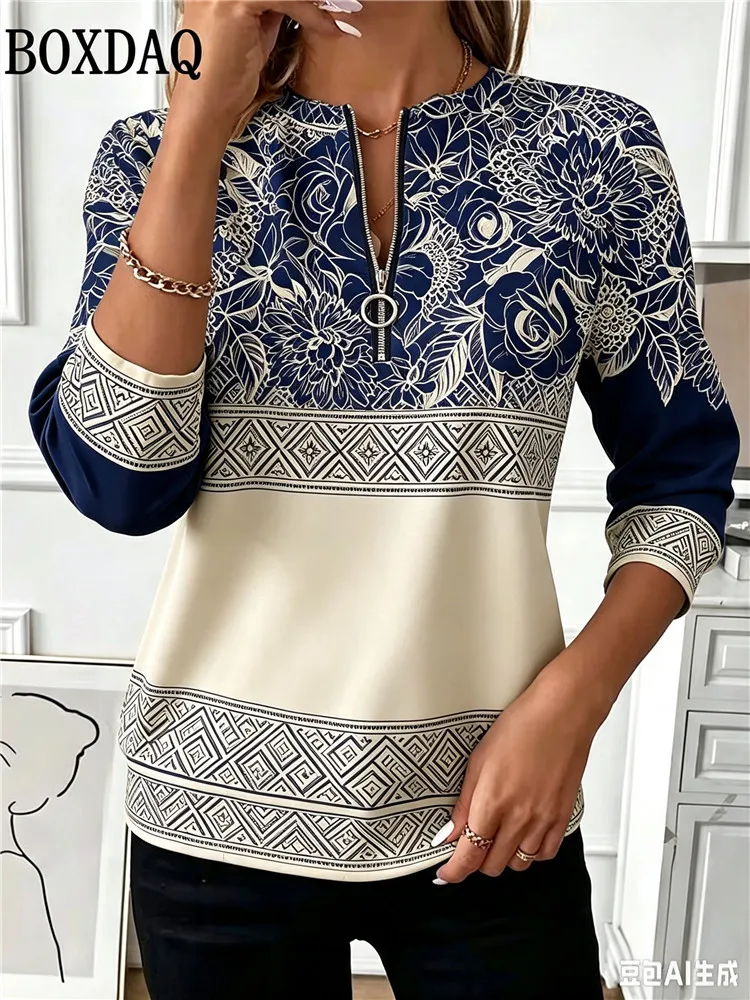 2026 Autumn Women's Long Sleeve Hoodies Pullover Zipper Stand Collar Flower Ethnic Style Pattern Print Sweatshirt Casual Tops