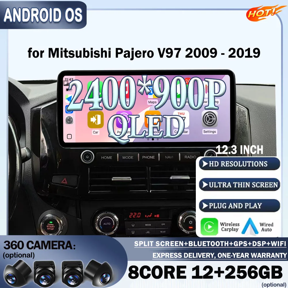 

QLED 2400*900P 12.3 ” For Mitsubishi Pajero V87 V88 V93 V97 2009 - 2019 Android 14 Carplay GPS Navi Car Radio Head unit CarPlay