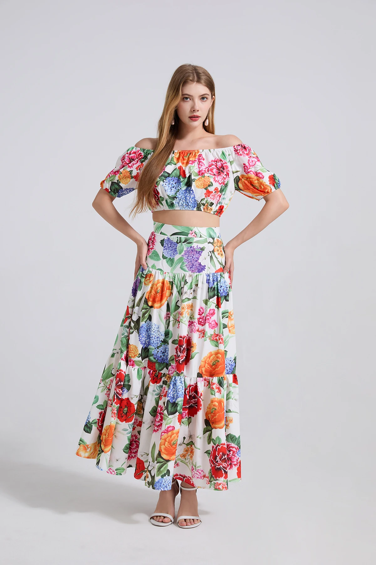 JAMERARY setelan wanita dua potong seksi motif bunga desainer merek Runway musim panas rok Maxi panjang atasan potong leher Slash