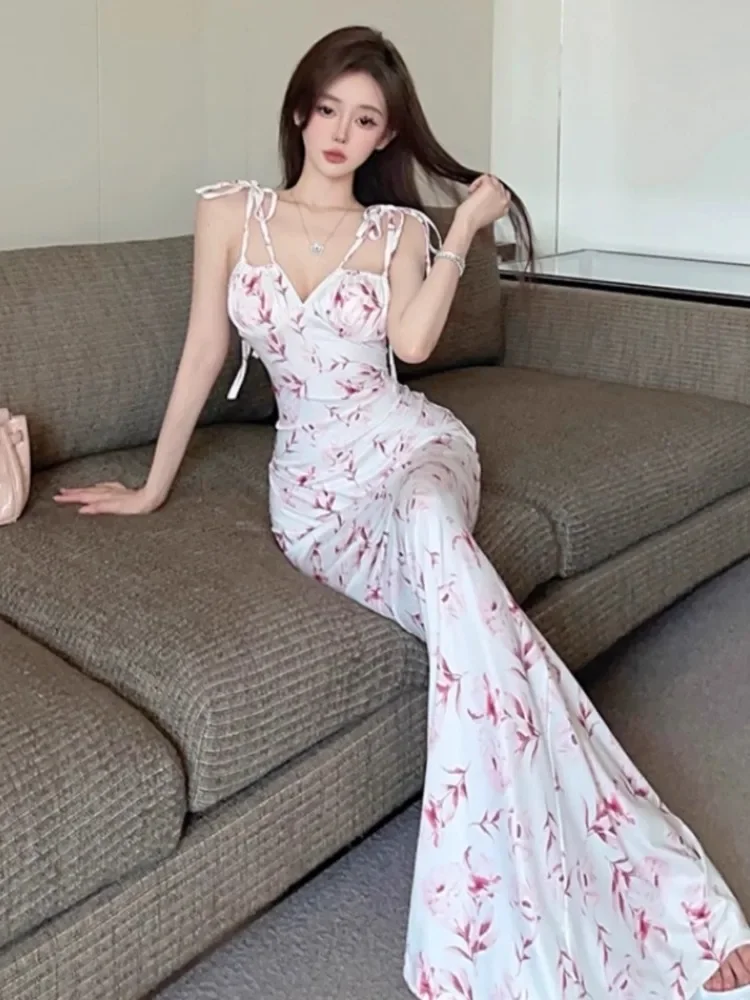 Topanoma Evening Dresses Women Sleeveless Floral Printed Bandage Sexy Slim Temperament Mermaid Dress Wedding Party Cocktail