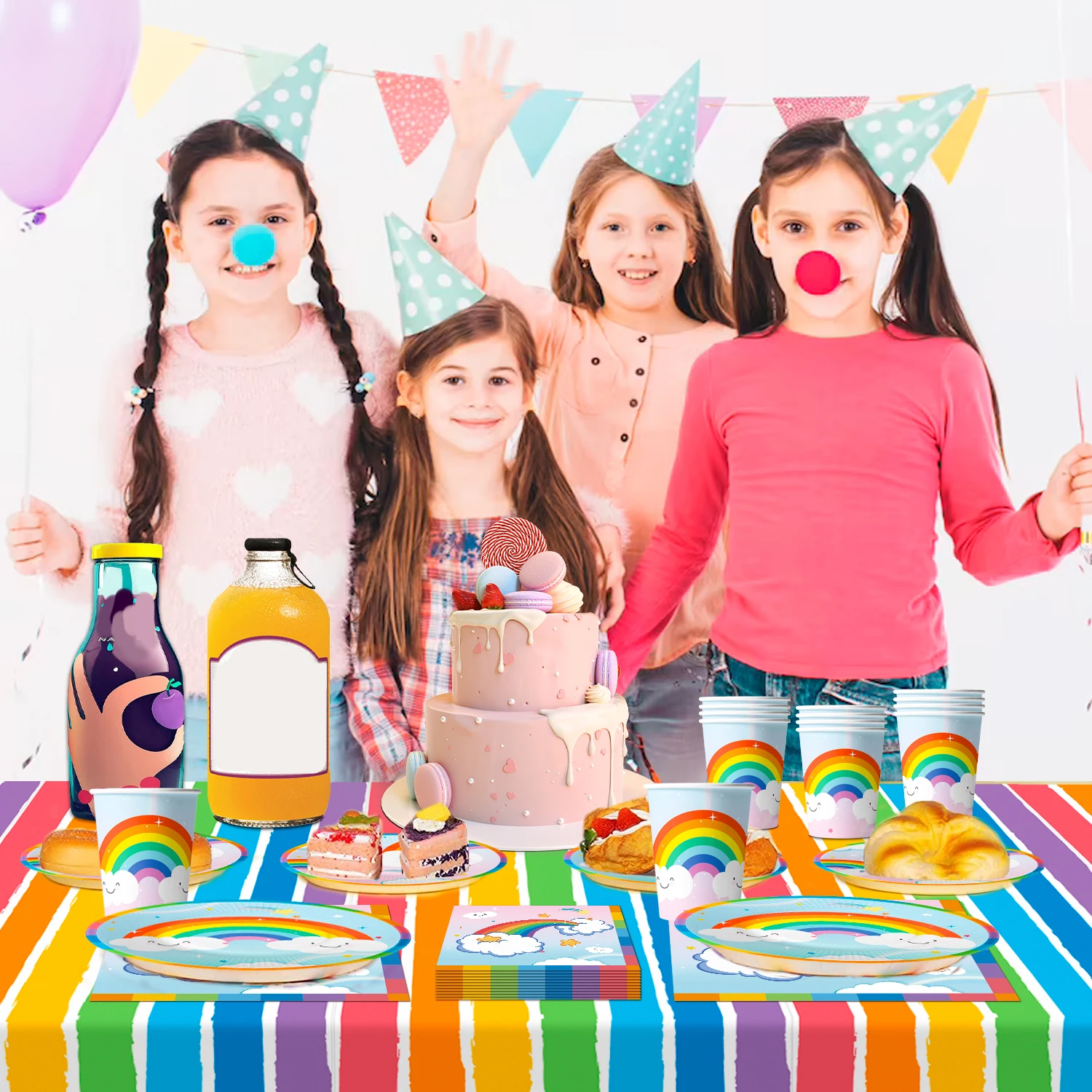 لوازم حفلات قوس قزح، 81 قطعة من أطباق ومناديل قوس قزح، مستلزمات الحفلات - أطباق المناديل، مفرش المائدة، إلخ زينة حفلات قوس قزح #4
