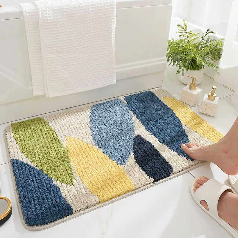 QNBHR Green Leaves Flocking Bath Mat Non-slip Absorbent Microfiber Bathroom Rug Home Entrance Door Mat Super Soft Bath Carpet