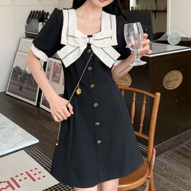 Square Collar Dresses Women Bow Panelled Preppy Style Casual Korean Fashion Daily Popular Summer Short-sleeved Vestidos Ulzzang