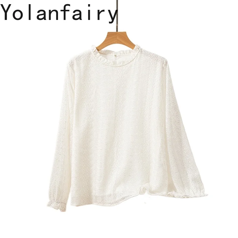 

YOLANFAIRY 100% Real Mulberry Silk Blouse Woman Elegant Summer Top Long-sleeved Embroidery Ladies Tops and Blouses White Blouse