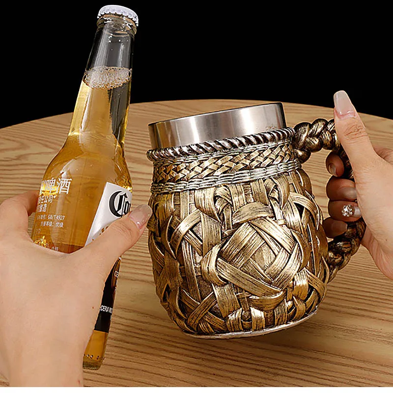Stainless Steel Tankard Artificial Plant Bamboo Woven Resin Mug Tumbler Retro Medieval Wooden Barrel Cup