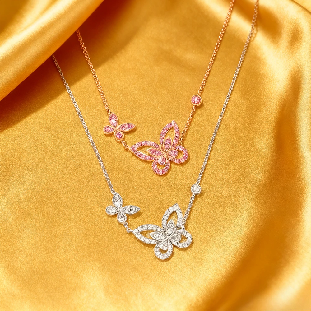 

Новинка 2025 года, элегантные аксессуары, изысканное и сияющее двойное розовое ожерелье с бабочкой, классический модный компаньон, подарок на вечеринку, ювелирные изделия