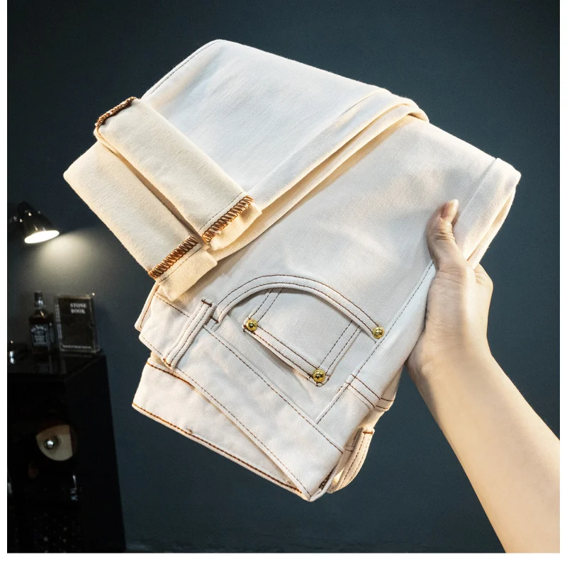 

Зимние флисовые мужские джинсы 2025, новый тренд, простые однотонные повседневные толстые теплые брюки с маленькими штанинами