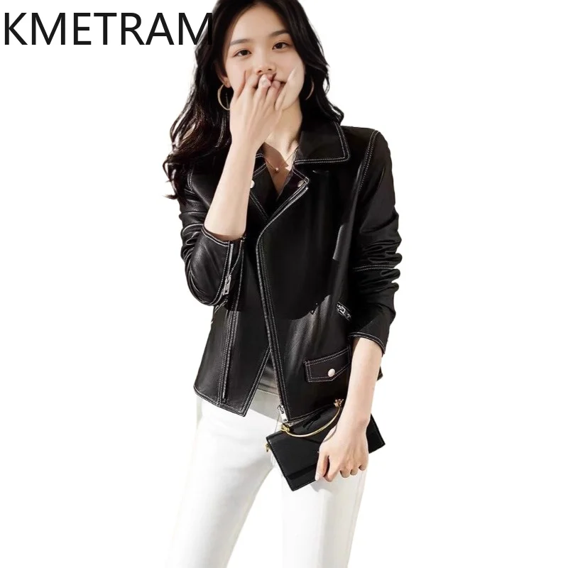 KMETRAM Women's Genuine Sheepskin Jackets Slim Fit Short Biker Coat Fashion Real Leather Jacket Woman Clothing Autumn 2026 가죽자켓
