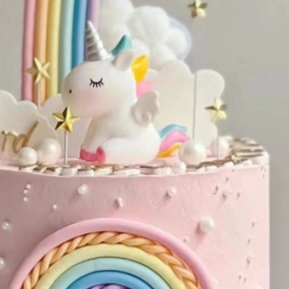 9 pcs unicorn rainbow cake topper unicorn with rainbow clouds stars Happy birthday cake decorations for girls one year old party