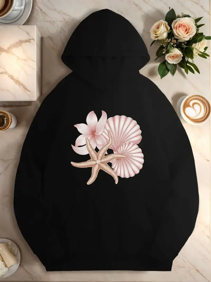 

Женская повседневная толстовка из полиэстера с морской звездой и ракушками, с длинным рукавом, неэластичная трикотажная ткань, воротник с капюшоном, геометрический узор