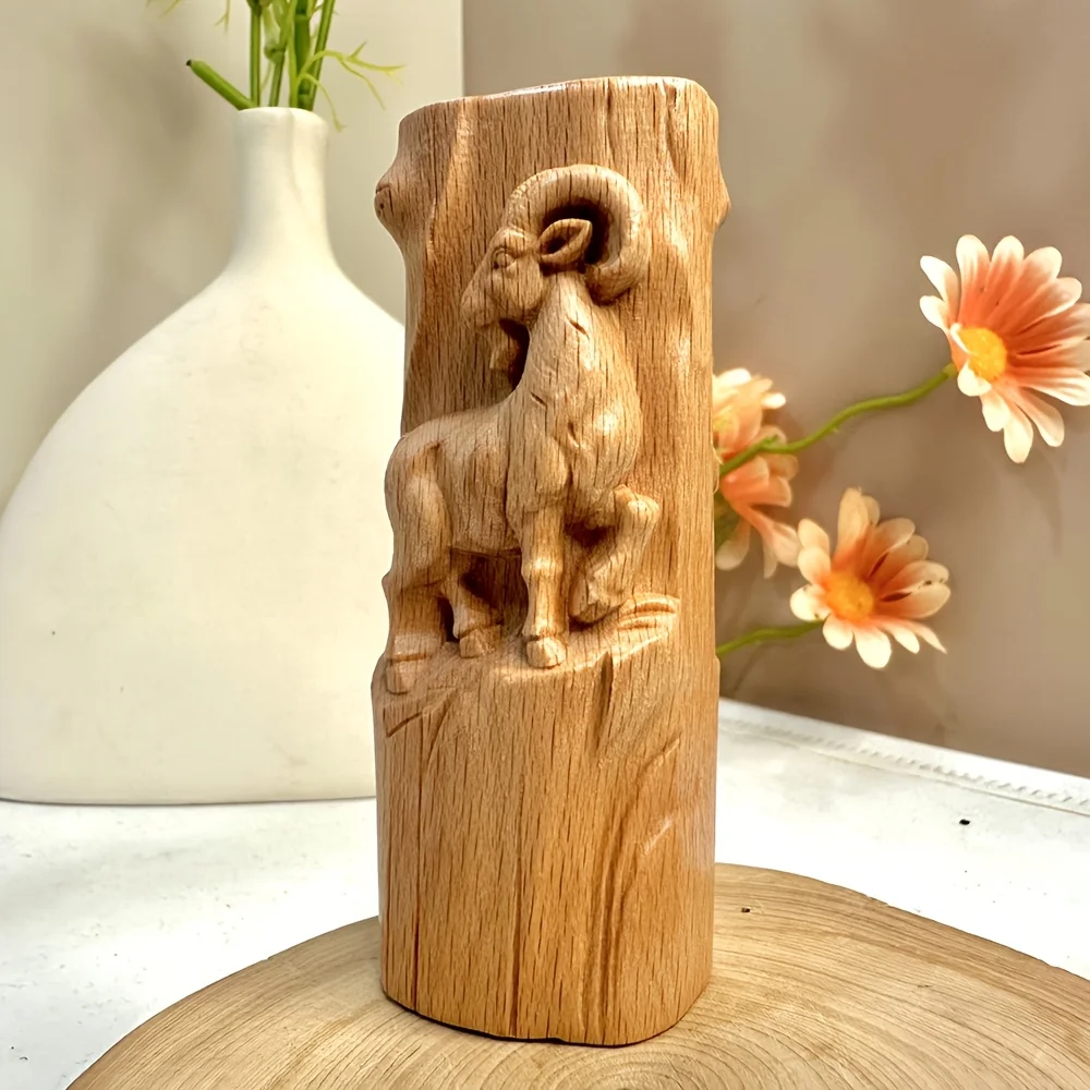 3.8 Inch Wooden Sheep Ornament, Hand-Carved, Modern Style, Suitable for Home Desktop Decoration, Bedside Table Decoration, Creative Desktop Ornament, Fireplace, Party Decoration, Tea Table Decoration, Housewarming Gift