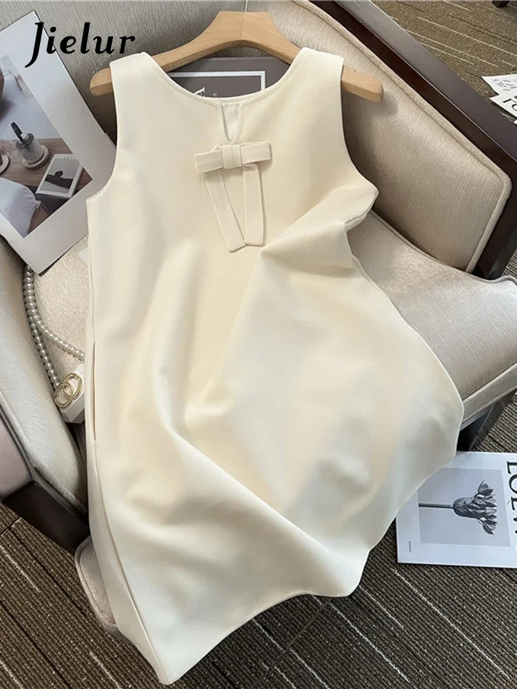 

Jielur Summer New Slim Solid Color Dresses Sweet Elegant Sleeveless Women Dress Apricot Black Korean V-Neck Basic Bownot Dress