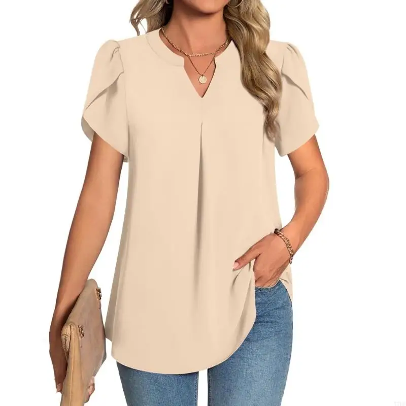 

77HE Женский топ, модная, простая, стильная рубашка свободного кроя с V-образным вырезом и рукавами-лепестками и короткими