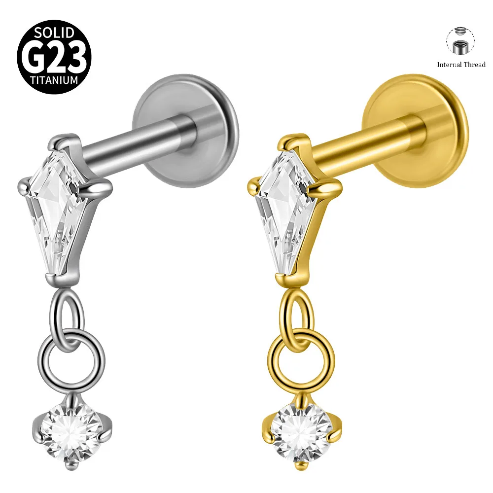 G23 Titanium Kite CZ Dangle Labret Stud Internal Thread Flat Back Earring Zircon Helix Tragus Cartilage Conch Piercing Jewelry
