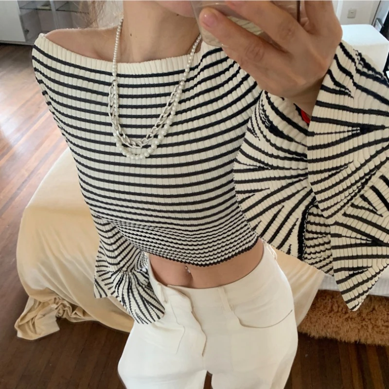 Striped Boat Neck Sweater for Women Flared Sleeve Off-the-Shoulder Rib Knit Crpp Top Fitted Pullovers Retro Y2K Spring Autumn