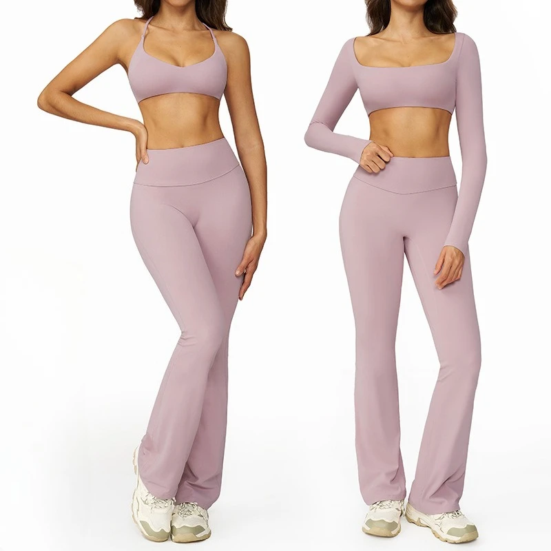 Women 2 Piece Yoga Set Sling Sports Bra Long Sleeve Crop Top High Waist Flare Leggings Workout Outfit Gym Fitness Tracksuit 2026
