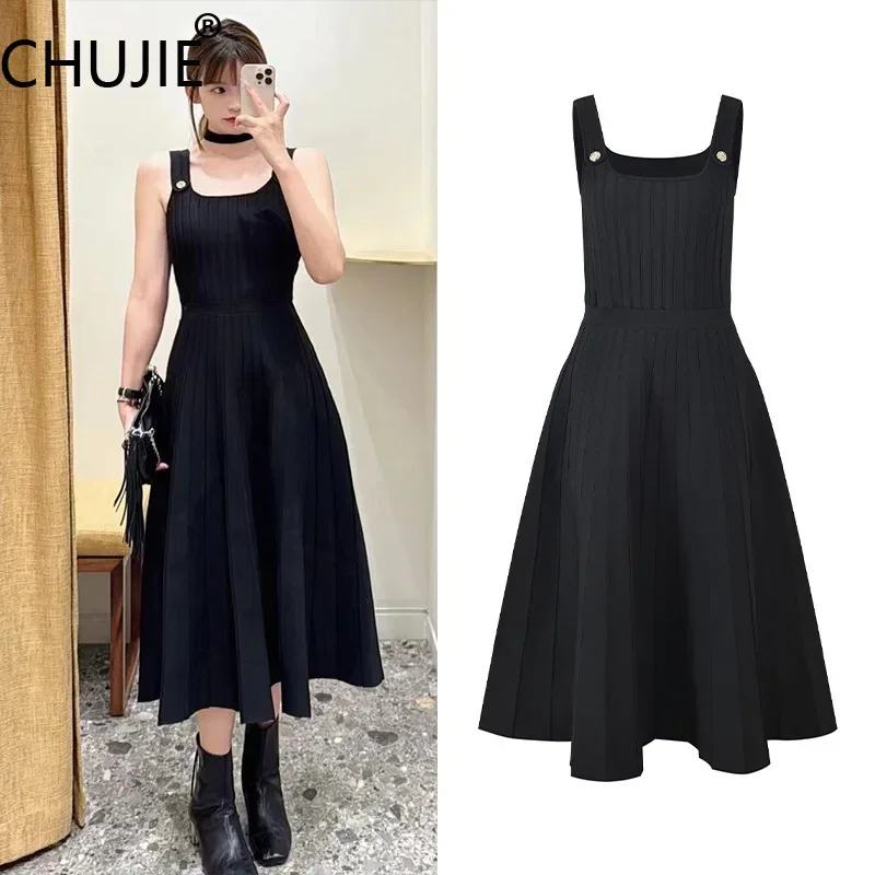 

CHUJIE Women's Dress fashionable and elegant black long suspender dress 2025 Spring New