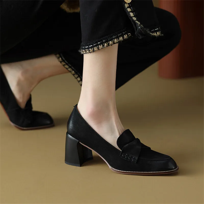 2024 New Spring Summer Sheepskin Women Shoes Round Toe Women Pumps French Retro High Heels Loafers Shoes for Women Ladies Shoes