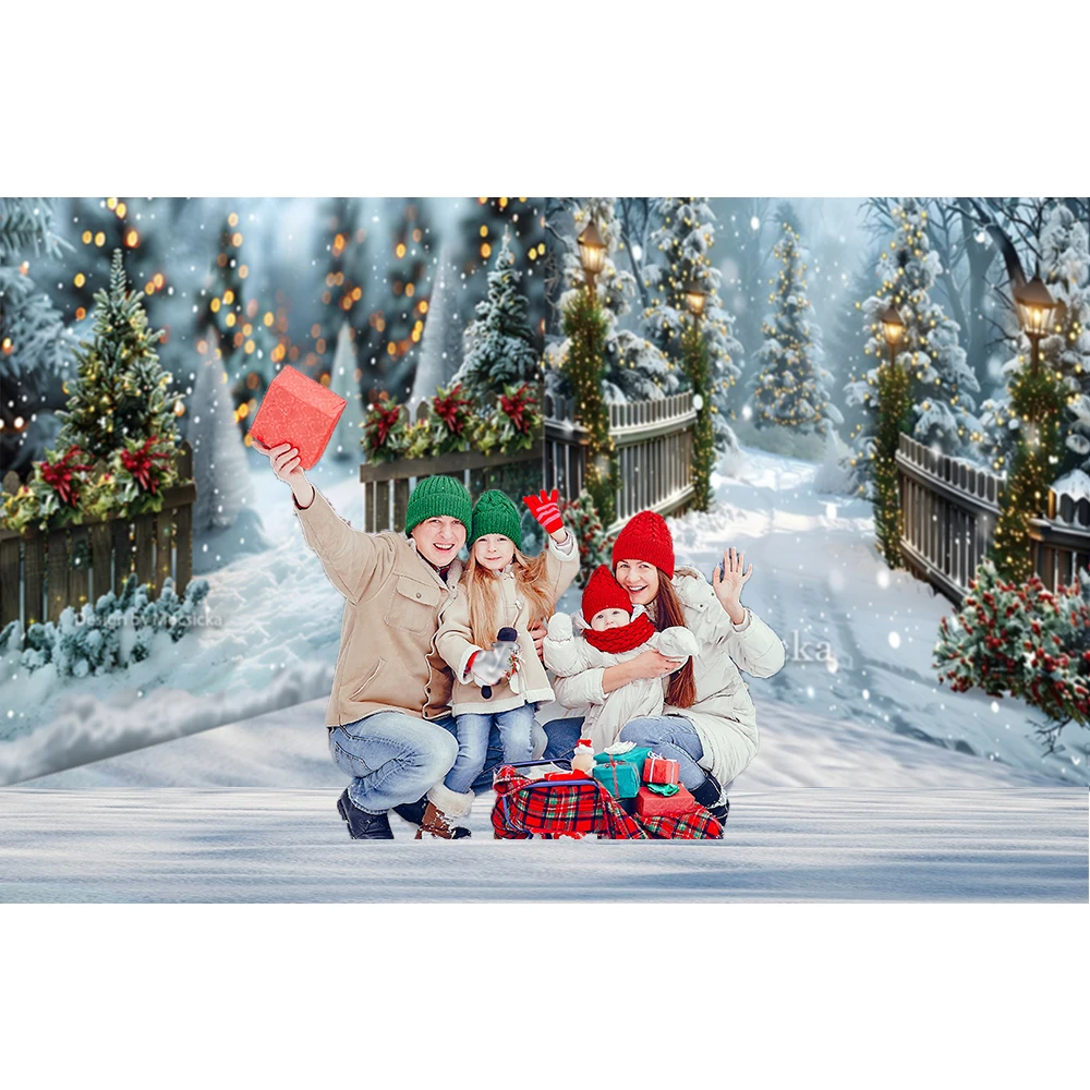 Winter Snow Floor Photography Background Shiny Christmas Tree Fence Backdrop Decor Family Photo Kid Cake Smash Photographic Prop