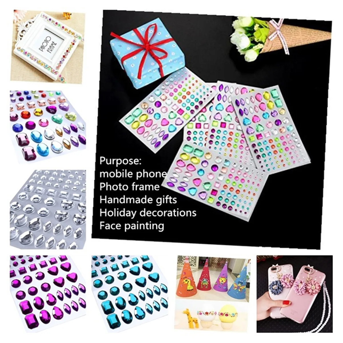 ملصقات حجر الراين ذاتية اللصق بألوان متنوعة وأشكال مختلفة للحرف اليدوية وسجلات القصاصات والهواتف والهدايا والكريستال اللامع