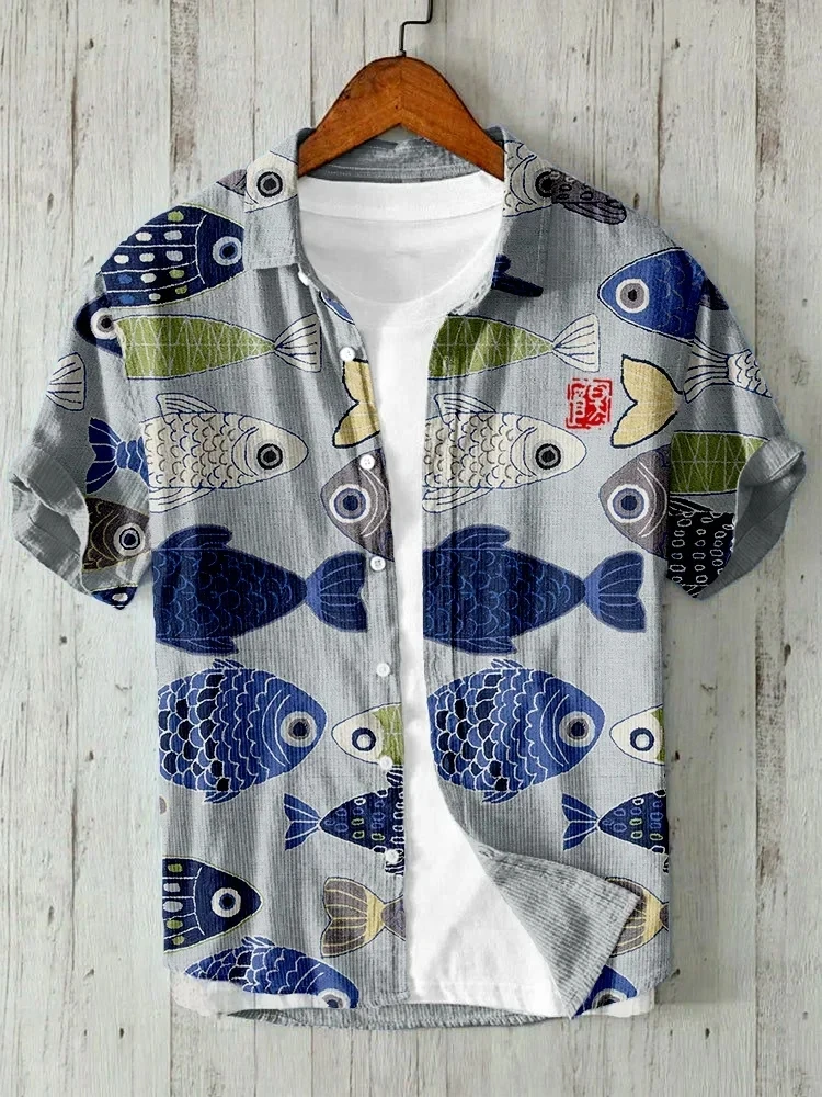 Men's Open Collar Shirt Men's Linen Shirt High Quality Flying Fish 3D Pattern Men's Casual Shirt Plus Size XS-5XL