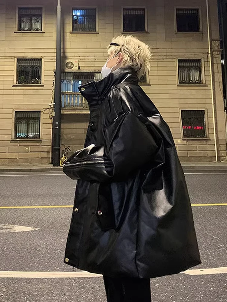 Jaket Pria Musim Dingin Kulit PU Putih Berlapis Kapas Gaya Amerika High Street Oversize Kerja Kerah Tegak Mantel Katun