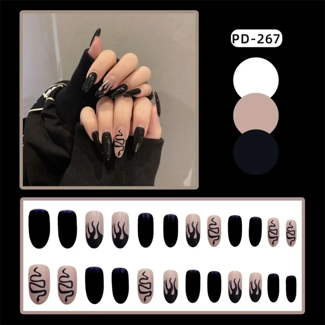 

24P Artificial Nail Art Fake Nails Full Coverage Removable Nail Design Black Snake Medium Length Ballet Press on Nails Supplies