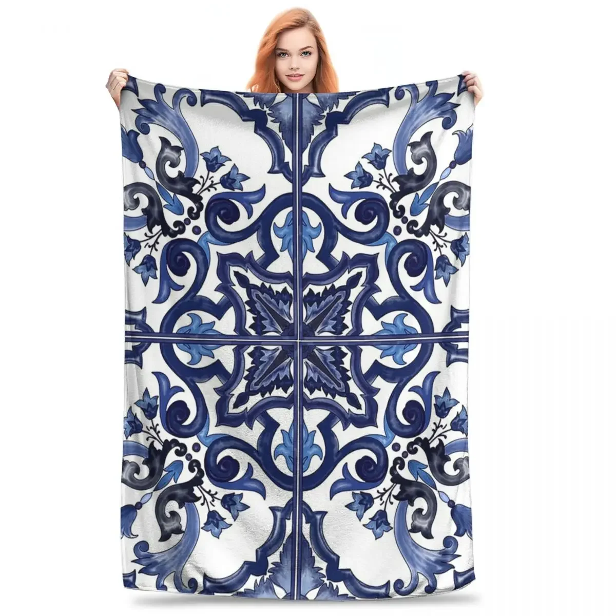 Blue Ornate Floral Mediterranean Sicilian Tile Blanket Fleece Sofa Throw Blanket For Couch Bedding Travel Throws Bedspread Quilt