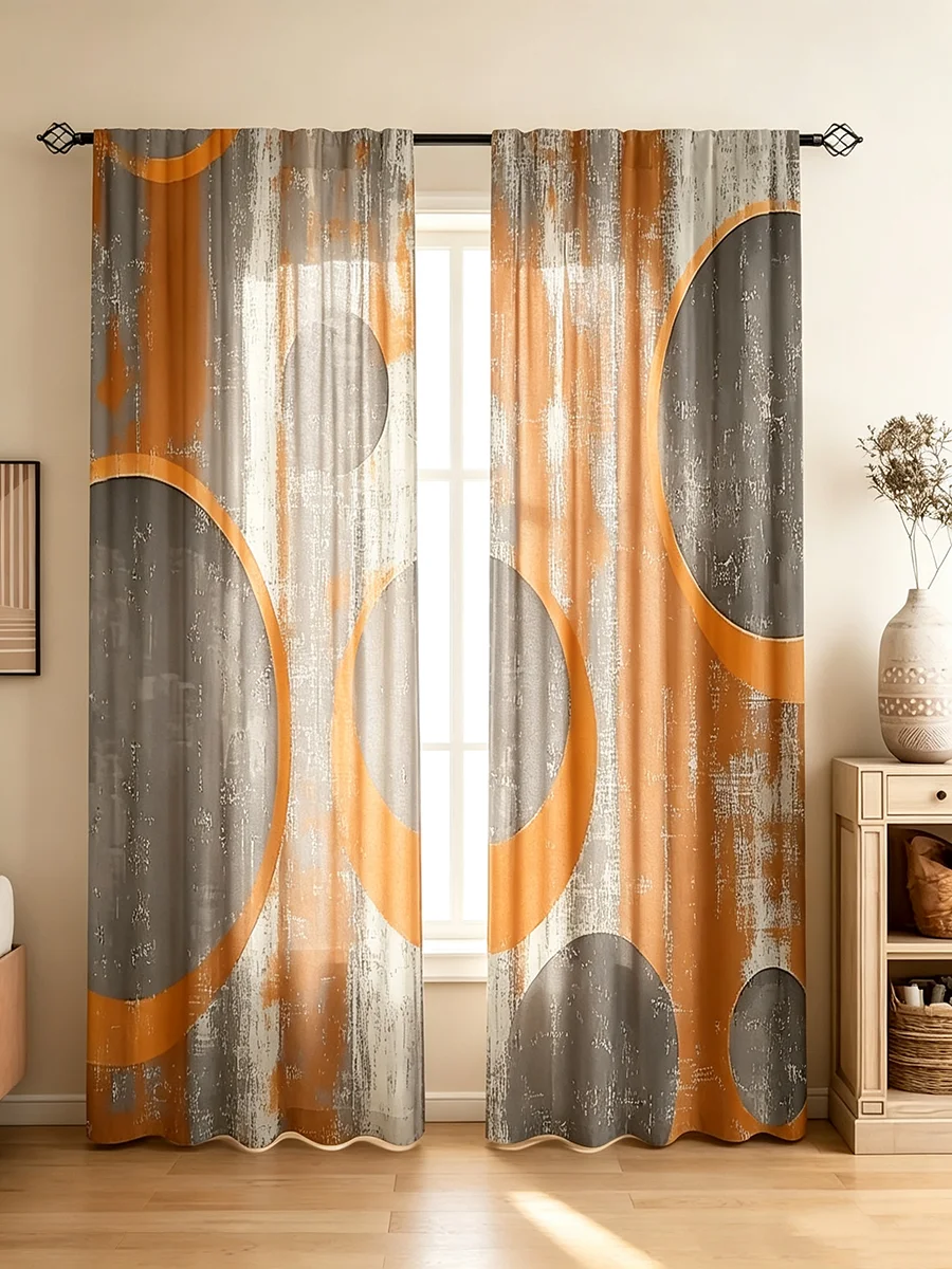 2PCS Digital Printed Curtains, Grey Orange Tones Modern Abstract Pattern, Semi Sheer Minimalist Decor for Bedroom Living Room Ki